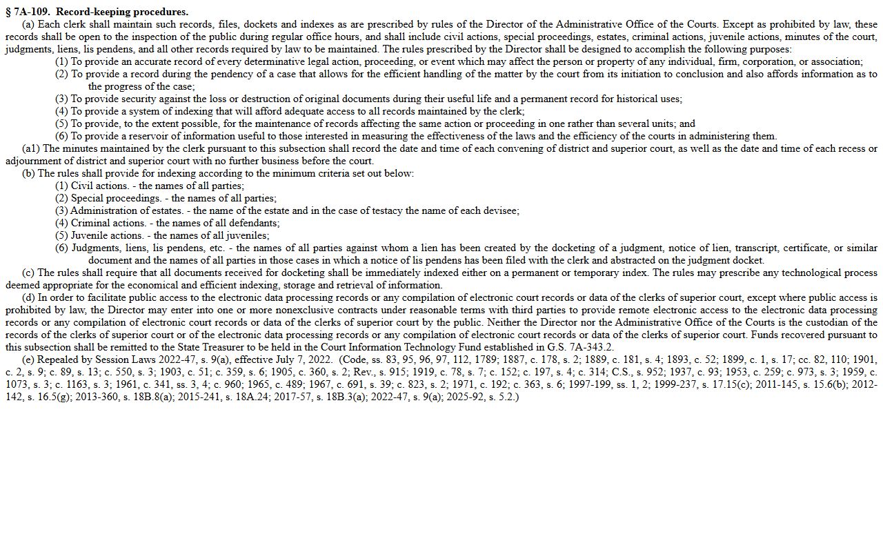 Madison County court records G.S. 7A-109 recordkeeping statute