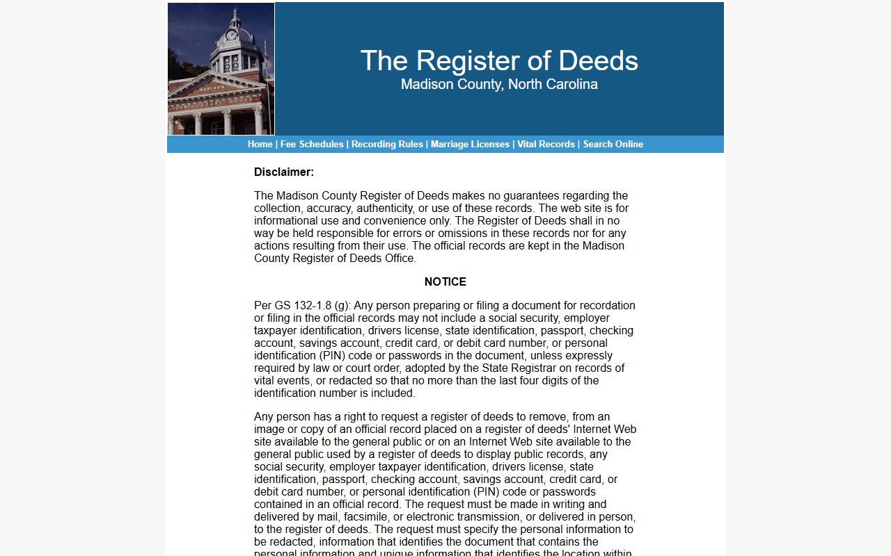 Madison County probate records Register disclaimer for related land records