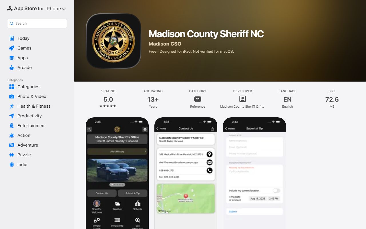 Madison County warrant search sheriff app Apple listing